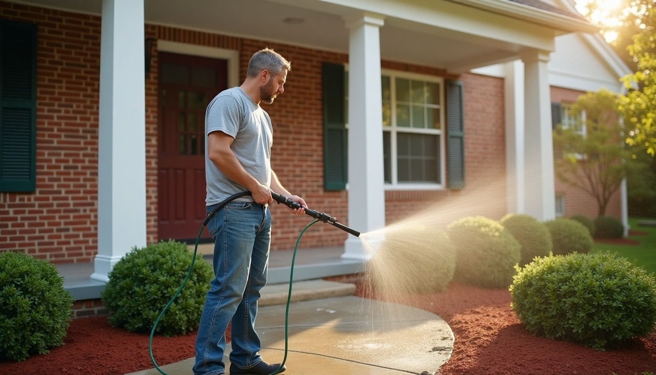 A worker in a plain grey shirt rinsing the front porch of a brick ranch house with a long spray wand