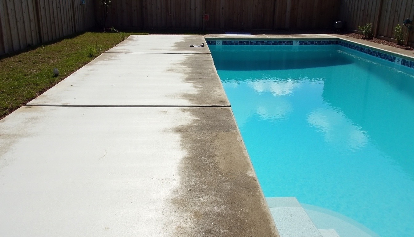 A backyard concrete pool deck half cleaned, with dark mildew on one side and bright clean concrete on the other