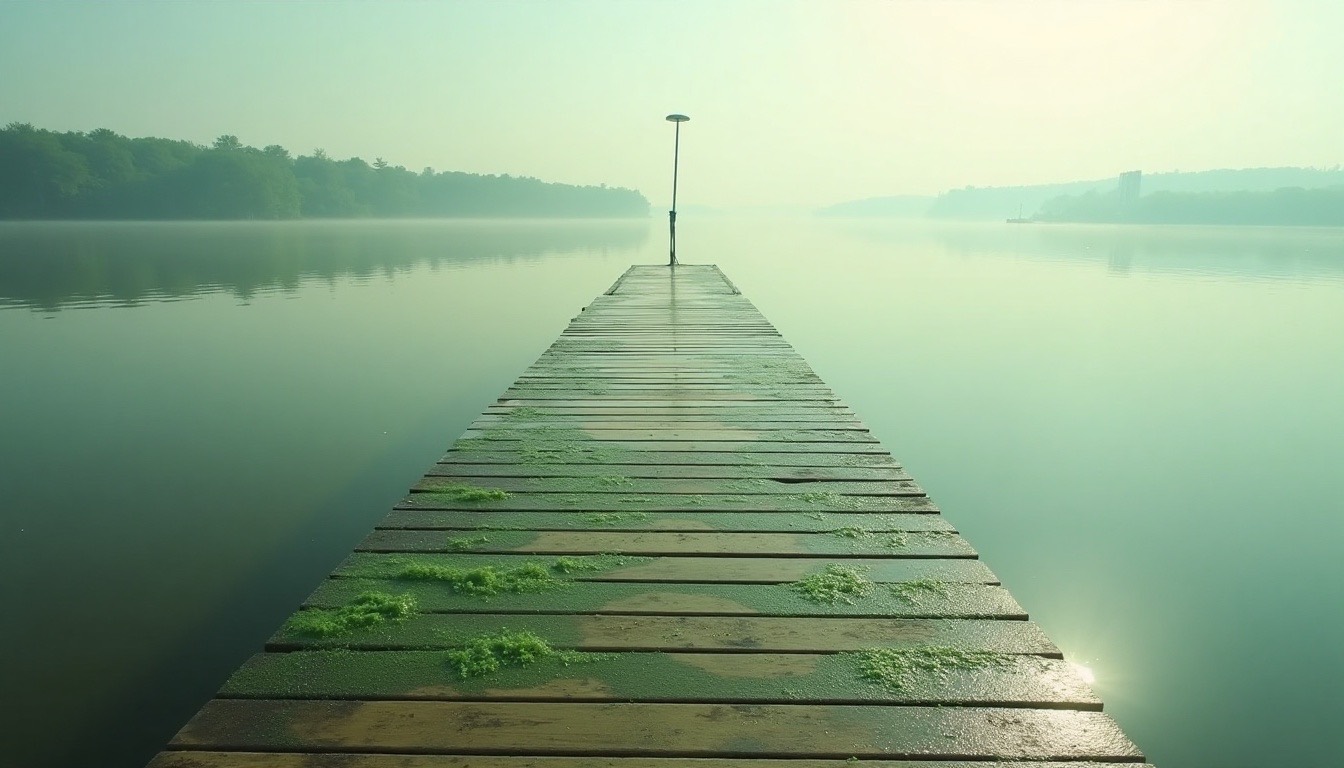 A wooden boat dock on a calm wide lake being rinsed, with green film on the boards and morning haze over the water