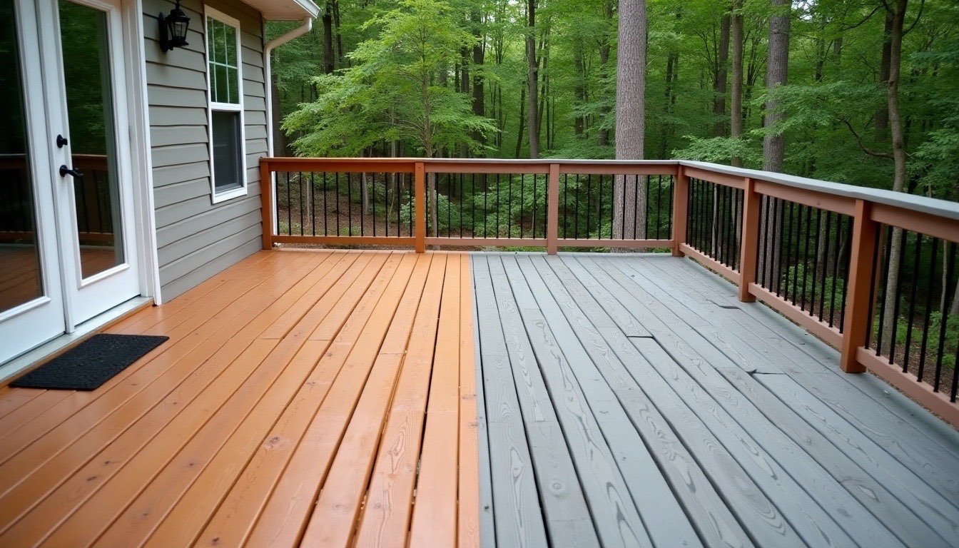 A pressure-treated wood deck behind a house, half washed to fresh tan wood and half still grey and weathered