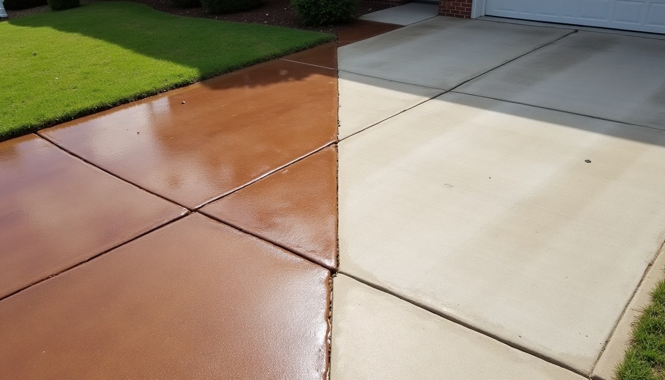 A concrete driveway half cleaned, with a sharp line between red clay stained concrete and bright clean concrete