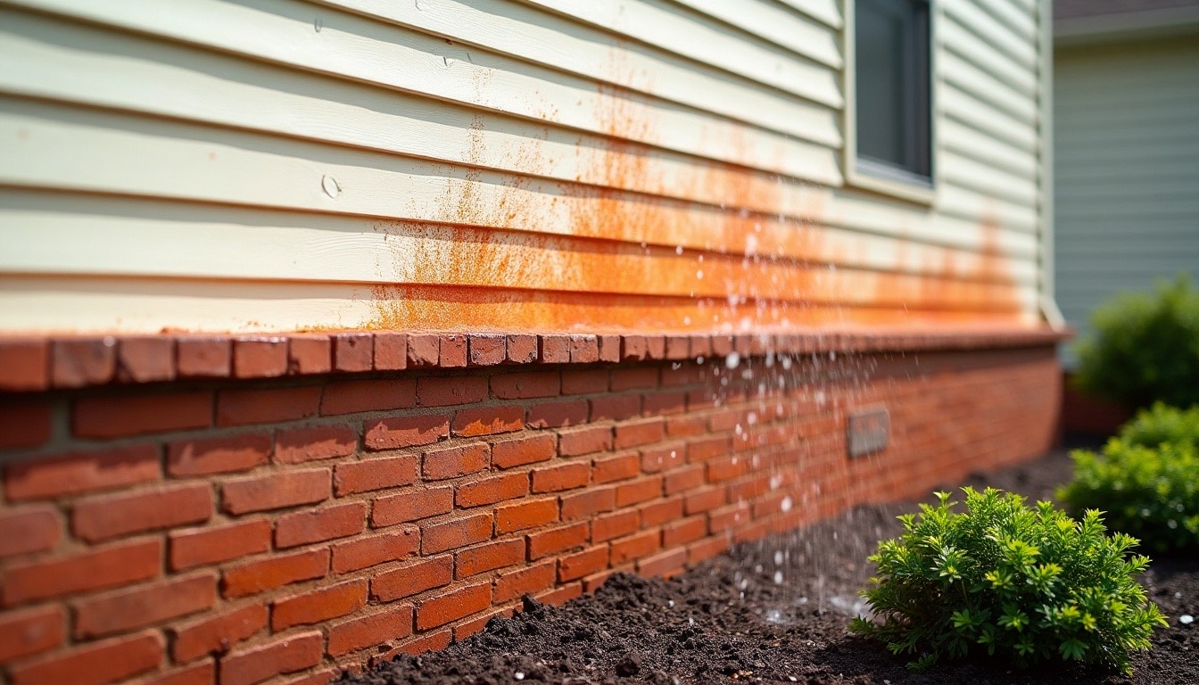 A red brick foundation and lower siding with red clay splash marks being washed off above a wet mulch bed