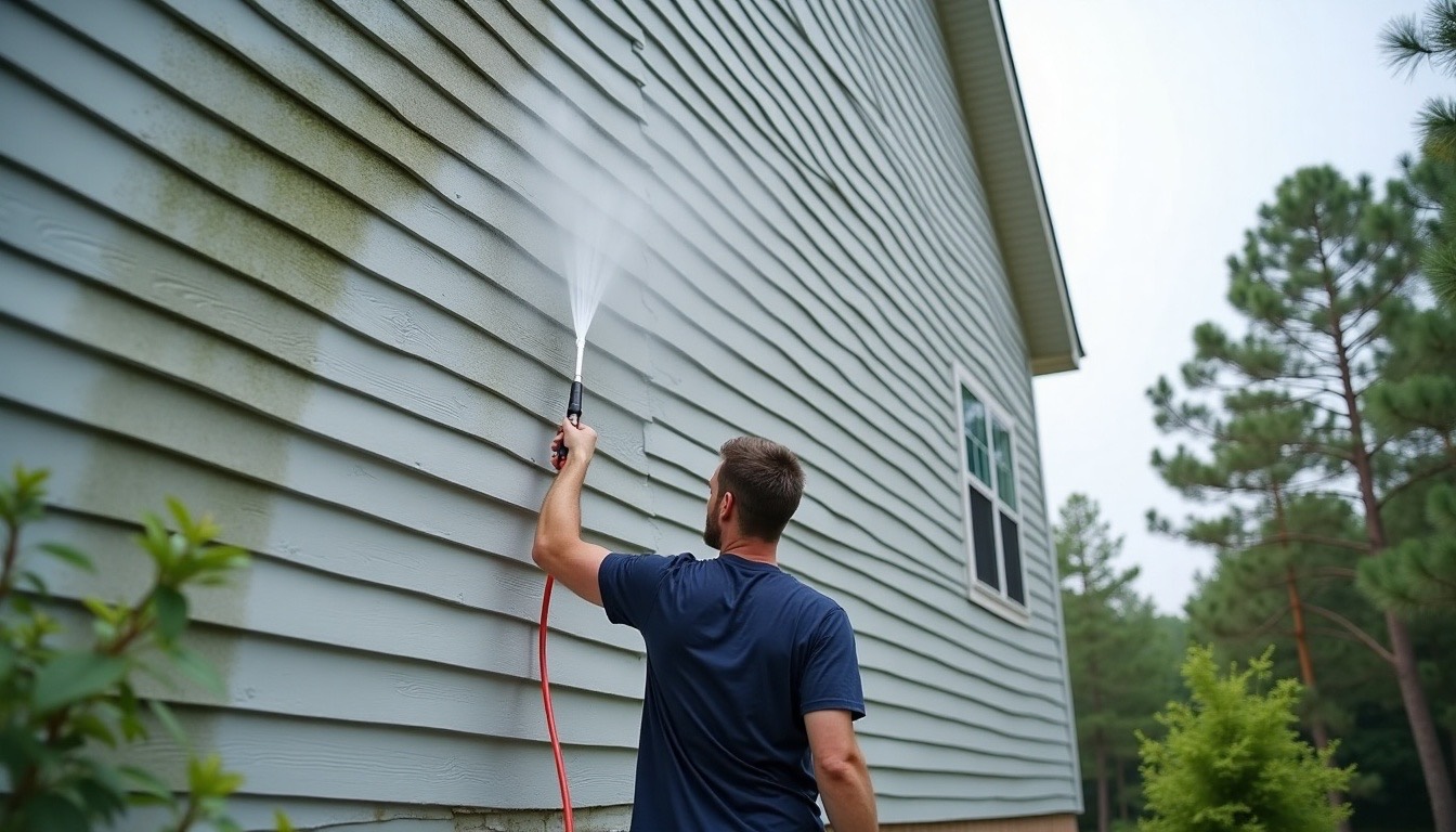 Light grey vinyl siding on a two-story house being rinsed, with mist in the air and green algae streaks fading