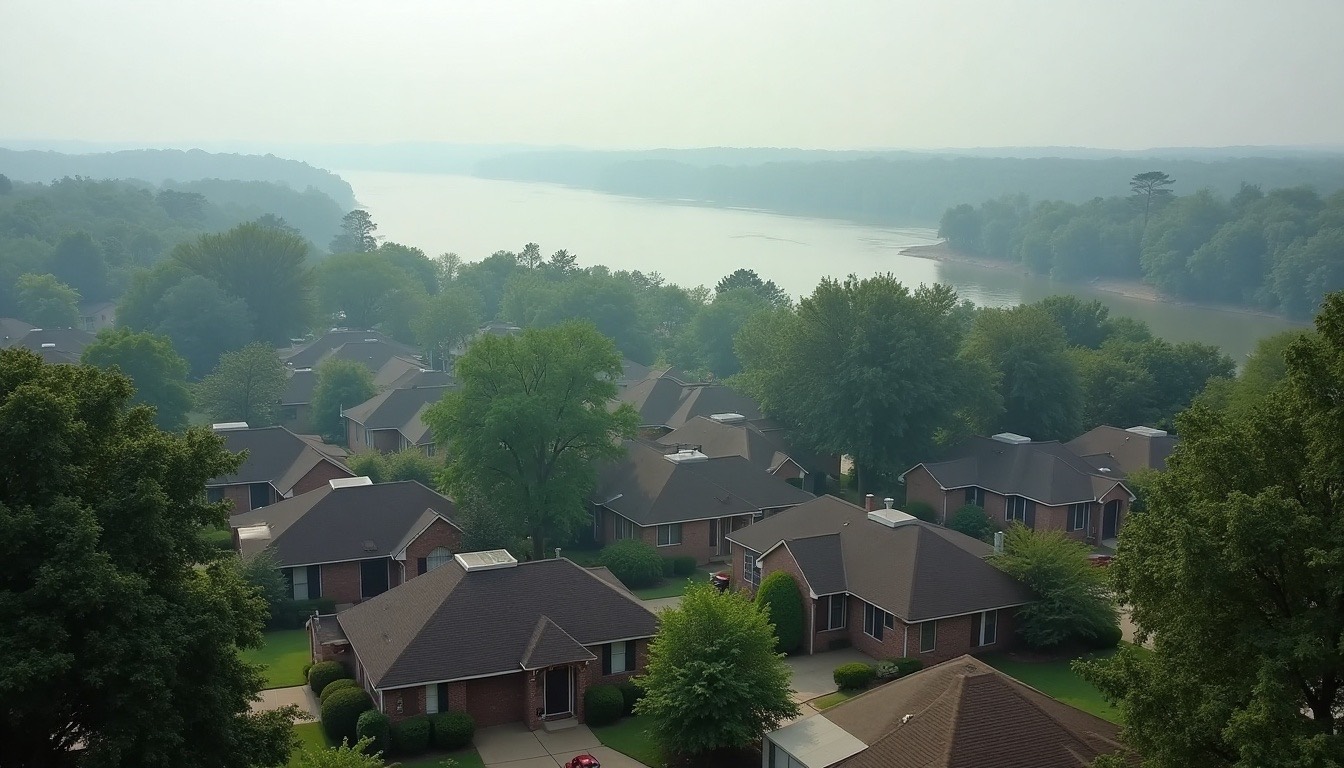 Rooftops of a tree-filled neighborhood above a wide river on a hazy morning