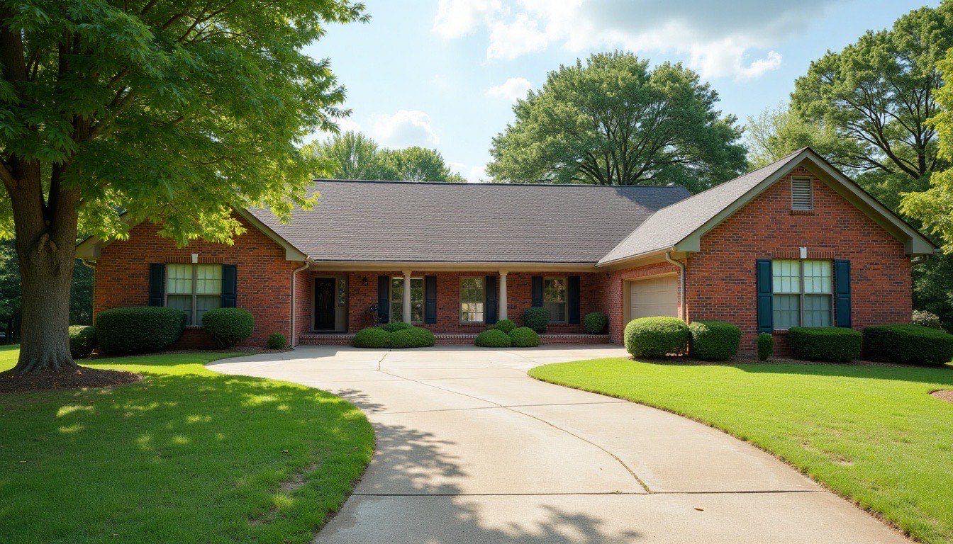 Brick ranch house with a long clean concrete driveway on a quiet residential street on a summer morning