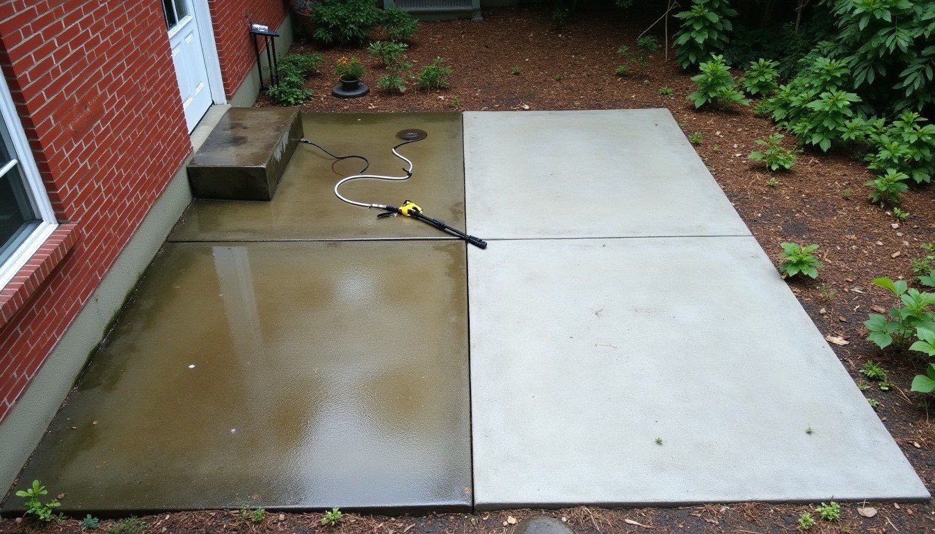 A backyard concrete patio half washed, black mildew on one side and bright clean concrete on the other