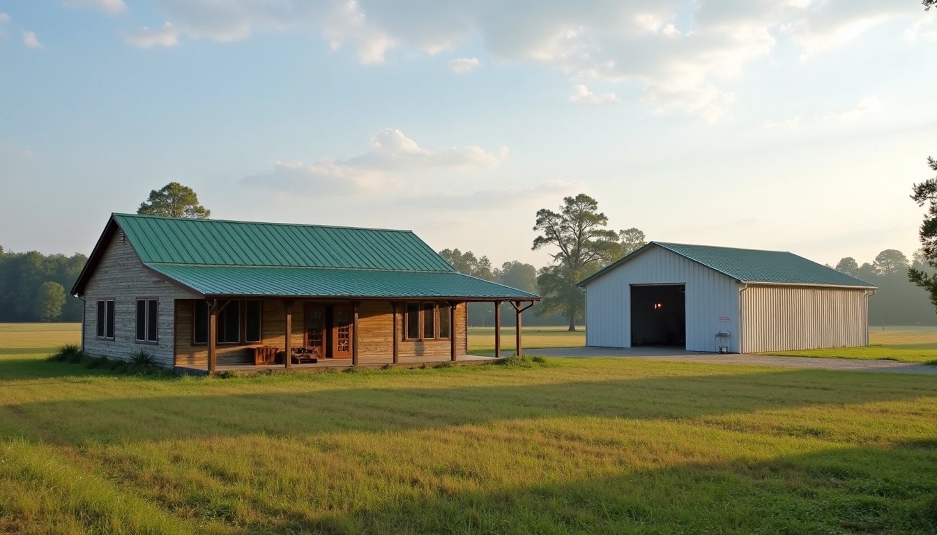 Country home with a green metal roof and a detached shop building on a rural lot with an open field behind