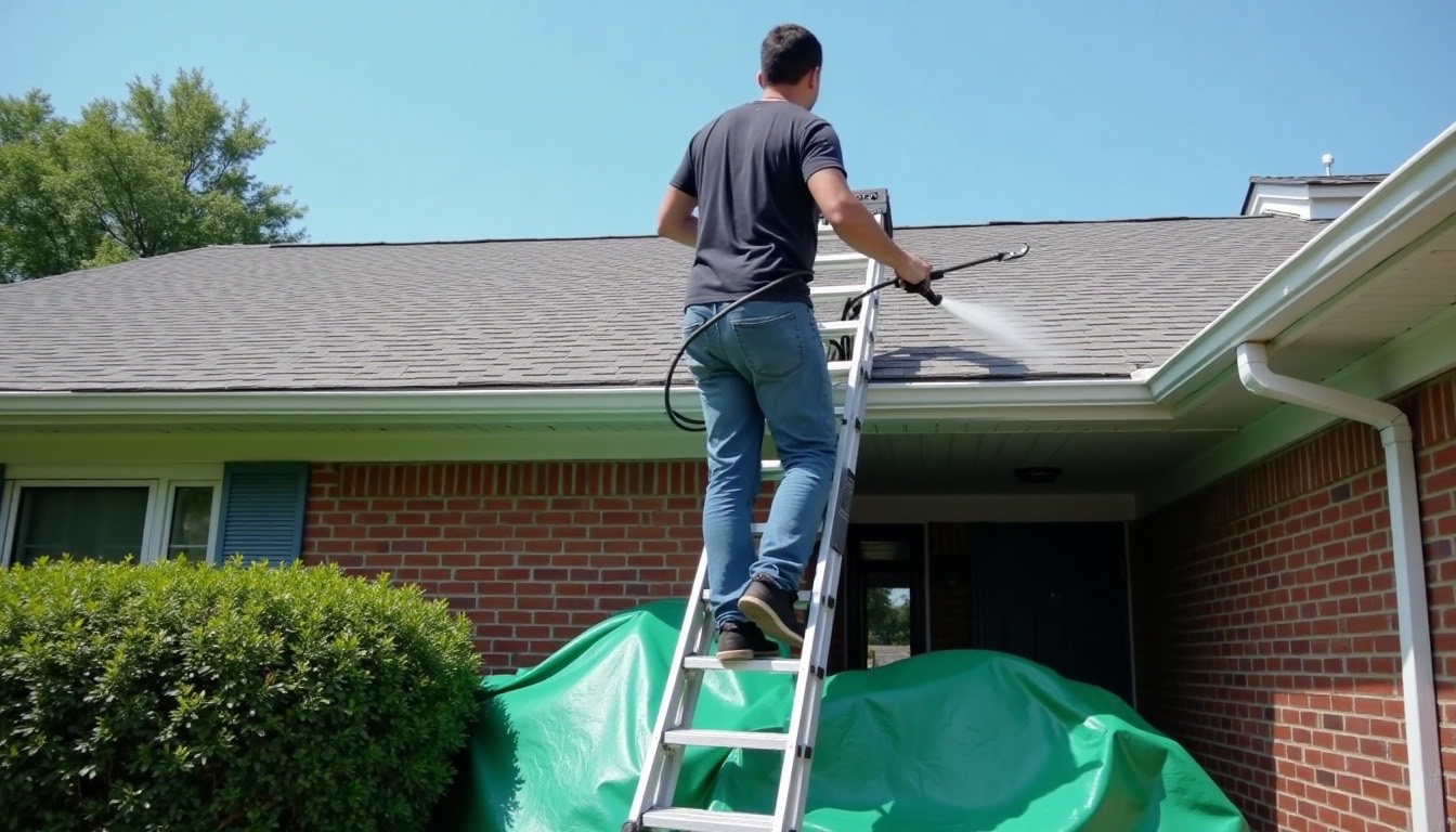 A worker on a ladder at the roof edge applying a low-pressure wash to the shingles, with the plants below covered by tarps