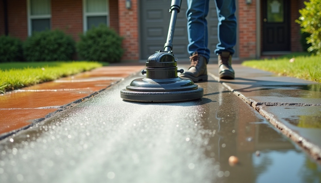 A worker pushing a round surface cleaner up a red clay stained driveway, leaving a bright clean stripe behind