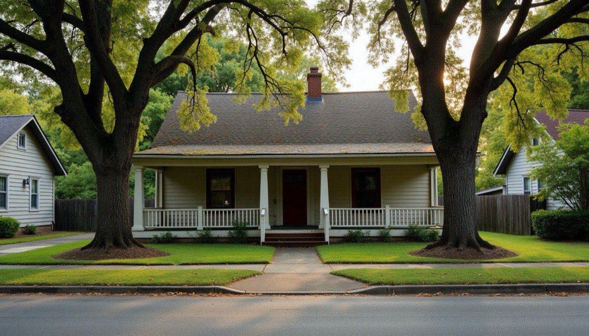 Older frame house with a wide front porch under large oak trees, moss on the shaded side of the roof