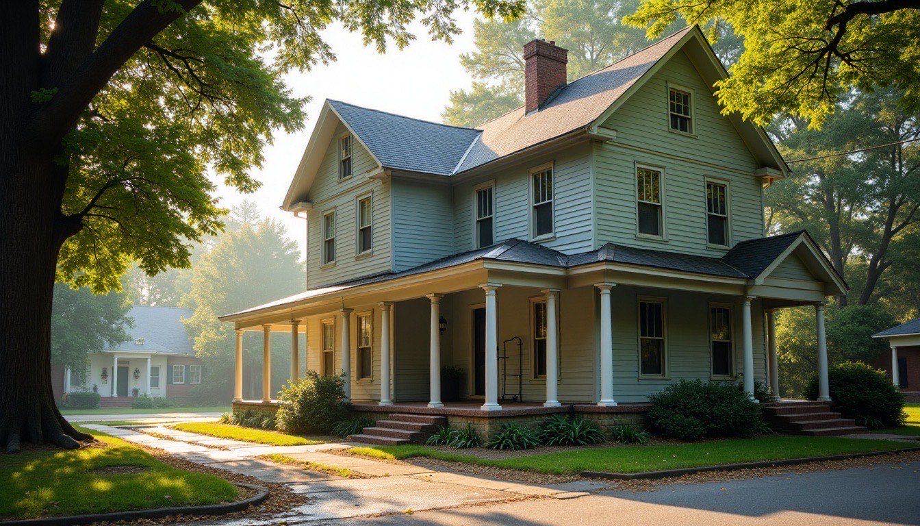 Historic two-story painted house with white columns on a tree-lined street, porch being gently rinsed